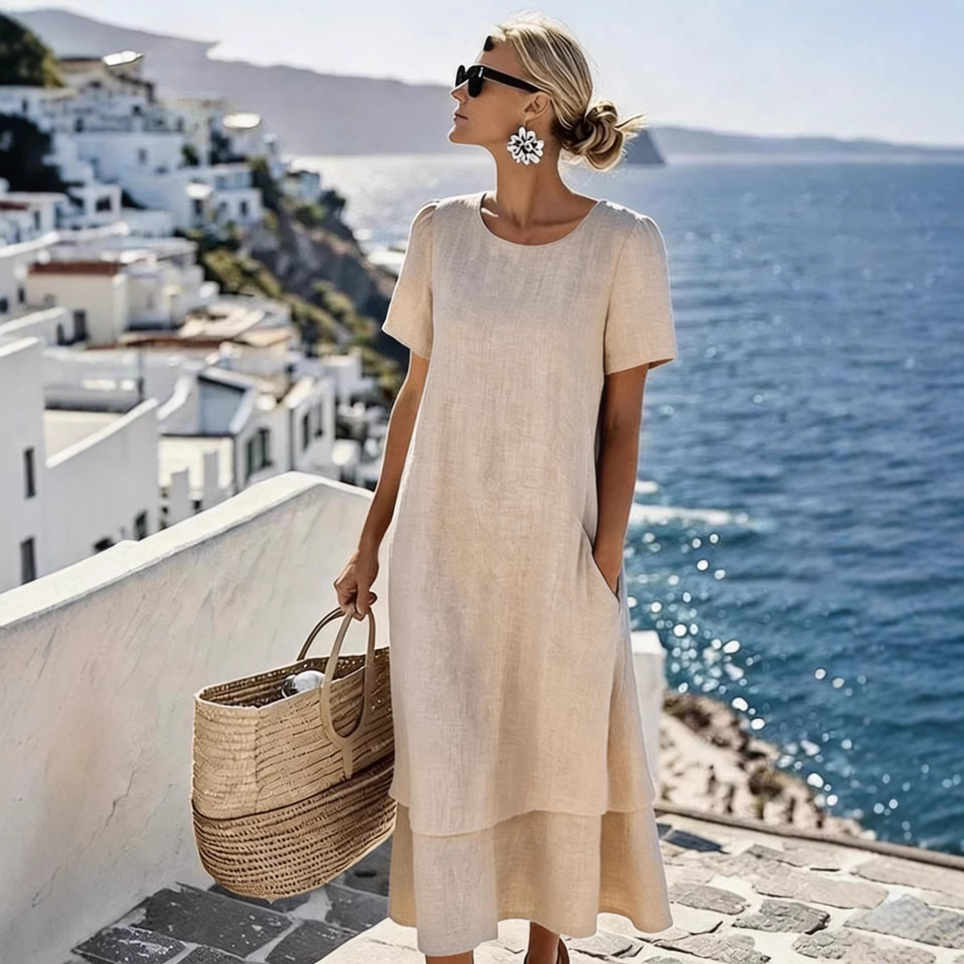 Women's Two-Layer Round Neck Short Sleeve Casual Dress For Spring Summer Vacation Daily Wear Versatile Round Neck & Short Sleeves_ecoleips.com