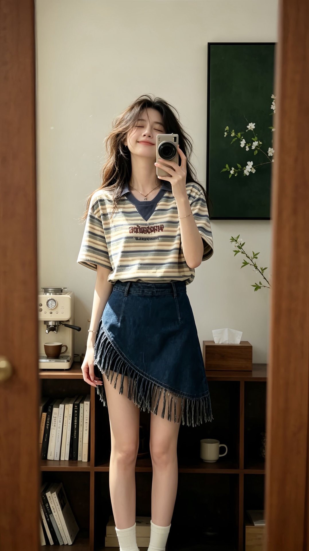 Bộ áo thun sọc ngắn tay kết hợp chân váy jean nữ phong cách Hàn Quốc — Trang chủ chi tiết 4