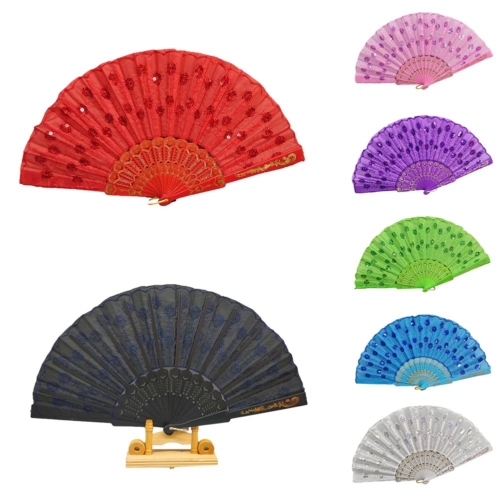 Moda color varilla lentejuelas ventilador Pavo Real cola pluma bordado lentejuelas ventilador 9 colores opcional rojo lentejuelas