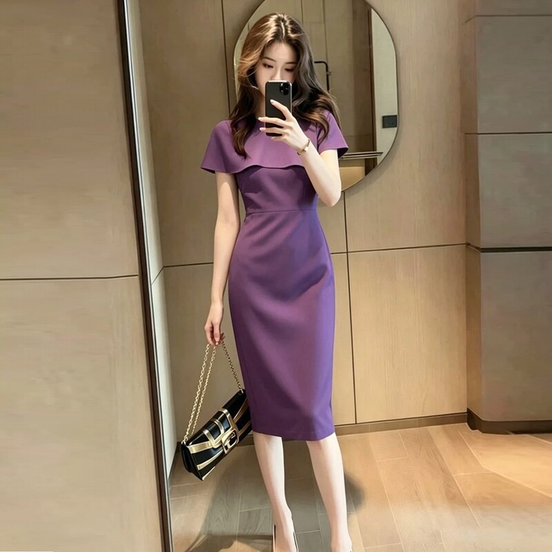 Light Luxury Design, Purple Slimming Dress, New Summer Style, Cape Sleeves, Slim Fit, Elegant Mid-Length Dress Light Luxury Design, Purple Slimming Dress, New Summer Style, Cape Sleeves, Slim Fit, Elegant Mid-Length Dress