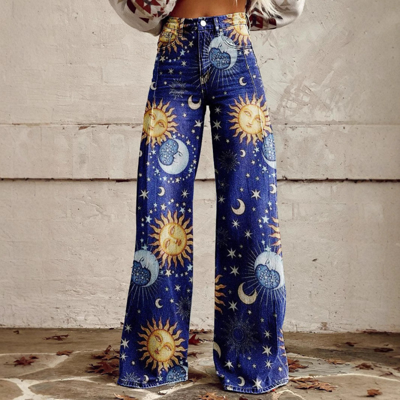 Popular Summer Thin Women's Pants 3D Digital Printing Amazon Best-Selling Pants Imitation Denim Ready-Made Women's Bell-Bottom Pants