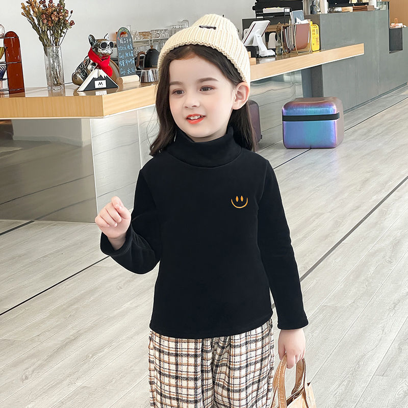 어린이 속옷 자수 양면 양털 두꺼운 따뜻한 탑 의 하이 칼라 긴팔 티셔츠 남녀 어린이 겨울복