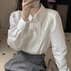 法式白色长袖衬衫女早秋内搭小个子翻领衬衣职业通勤宽松打底上衣