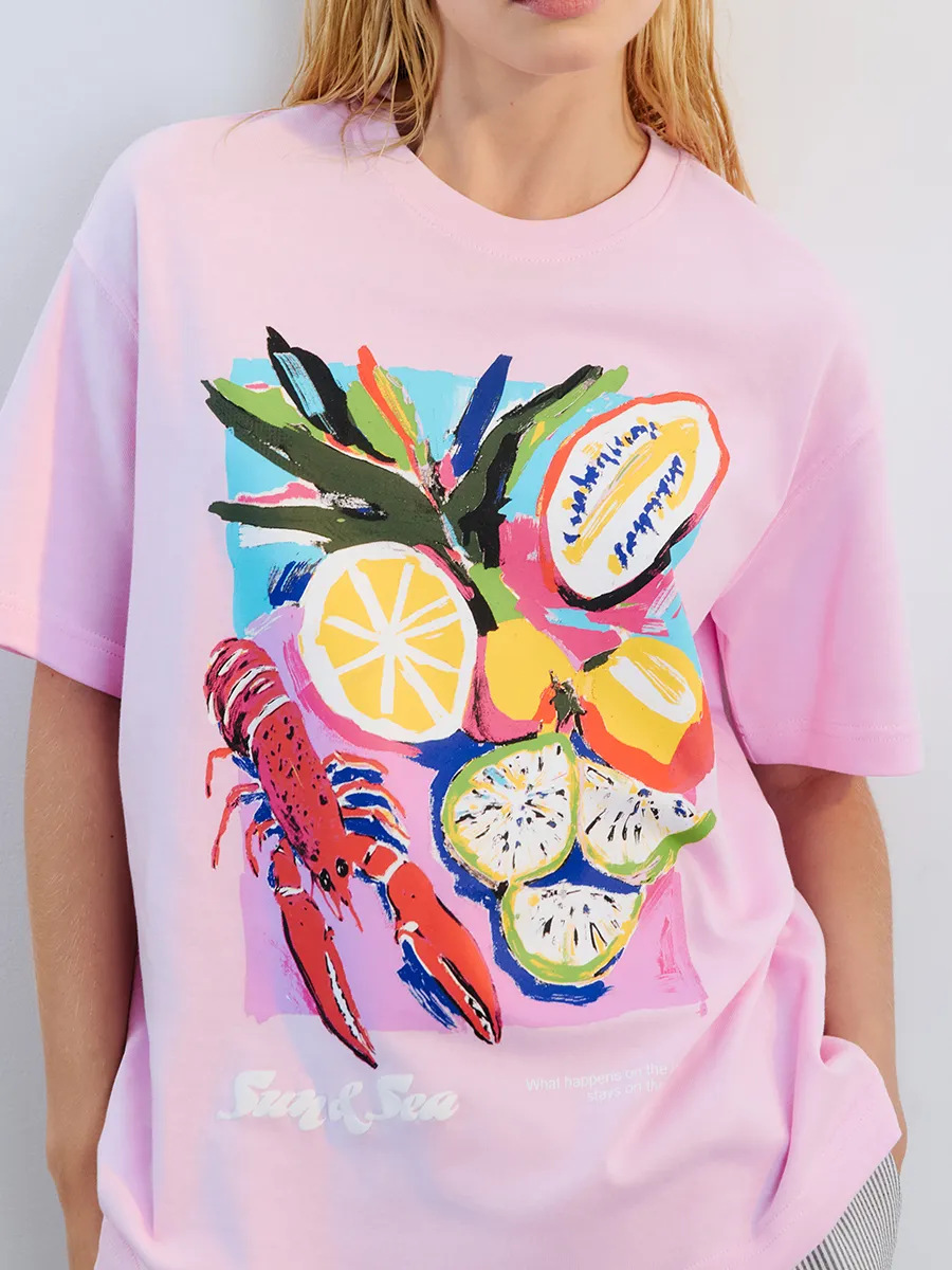 Fashionable Dopamine Print 2025 Summer 100% Cotton Short Sleeve T-Shirt Lazy Style Versatile Top