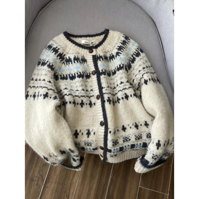 Ys Japanese Retro Fair Isle Knit Sweater Coat for Women, Autumn and Winter Design, Lazy Style, Thickened Cardigan, Wool Top