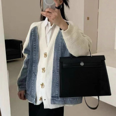 韩系设计感牛仔拼接毛衣外套女2025秋冬宽松百搭针织开衫上衣1329
