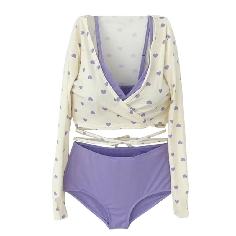 Bañador de tres piezas para mujeres, manga larga, cintura alta, traje de baño de vacaciones, cintura alta