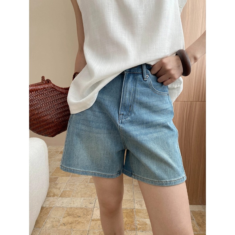 Sinan Long Leg Bonus Item Pear-shaped Figure Washed High Waist Slimming A- shaped Wide Leg Denim Shorts SN7607