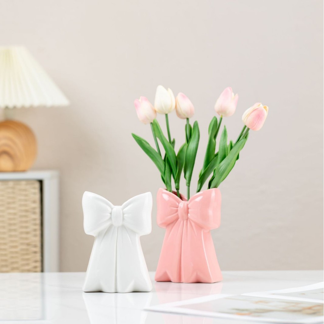 Jarrón de cerámica creativo con lazo, decoración de mesa para sala de estar, adorno de alta gama, arreglo floral artesanal.