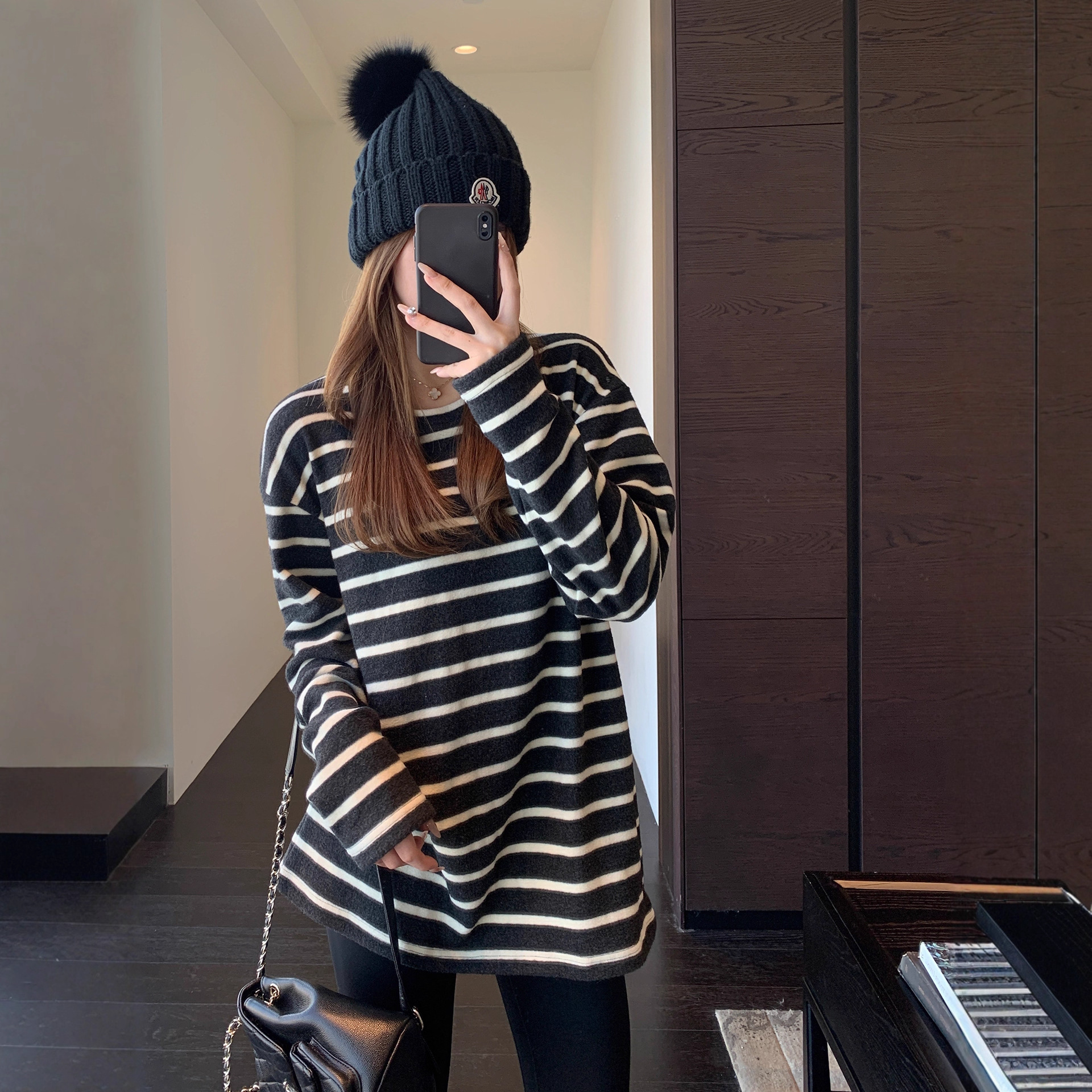 Lazy Style Inner Wear Can Be Worn Outside Stripesd Brushed Bottoming Shirt T-Shirt Women's Long-Sleeved 2025 Autumn and Winter New Style G120803