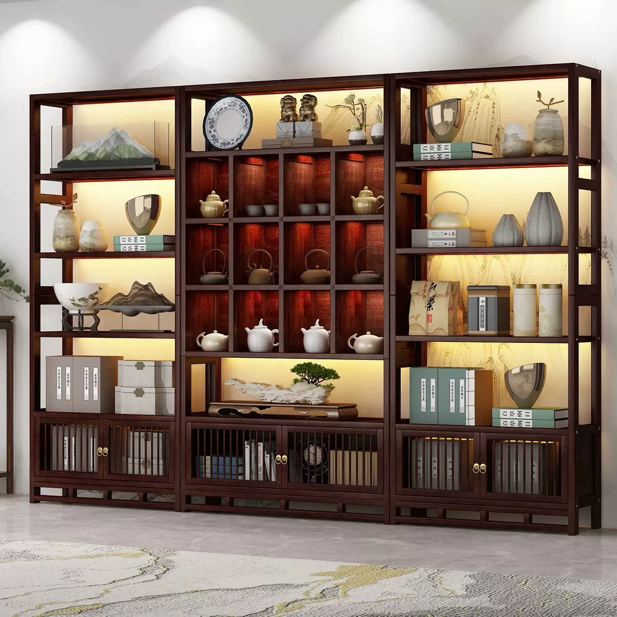 博古架 新中式实木展示架客厅装饰架茶具古董陈列收纳展示置物架