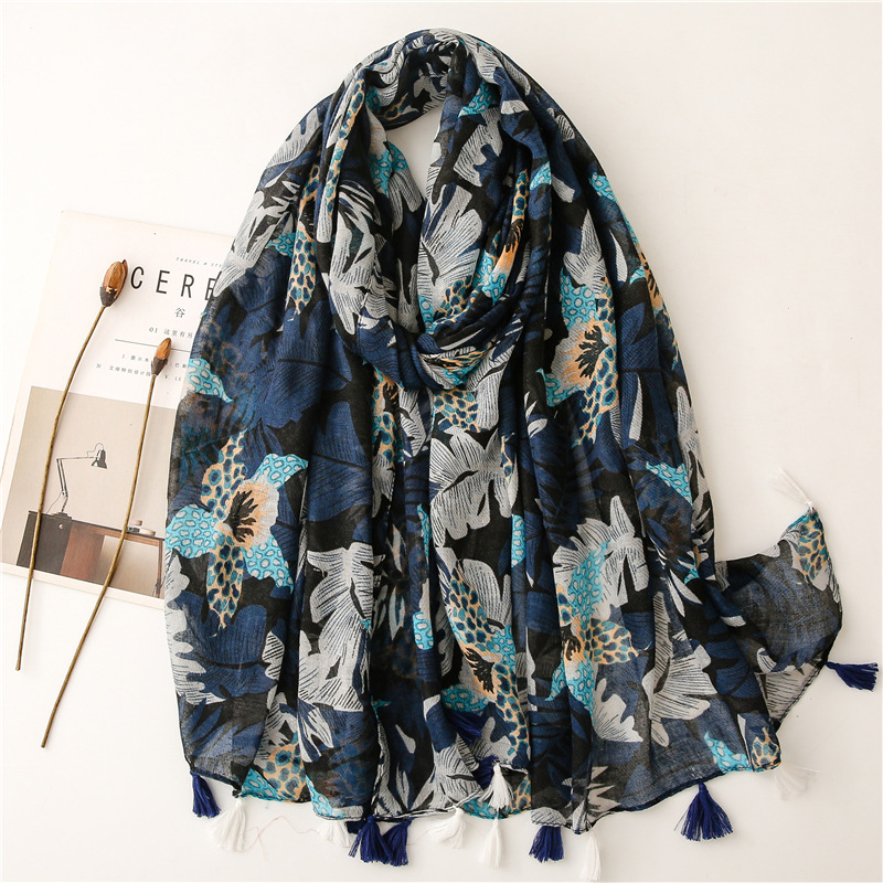 new style cotton and linen feel scarf navy blue big leaf soft fabric printing travel sunscreen shawl silk scarfpicture3