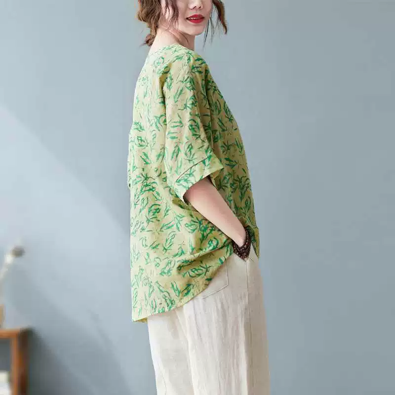 Футболка из хлопка и льна oversize, плюс размер, круглой горловины