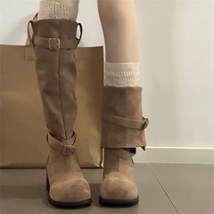 绒面美拉德靴子长筒靴女2025新款堆堆靴废土风粗高跟骑士靴
