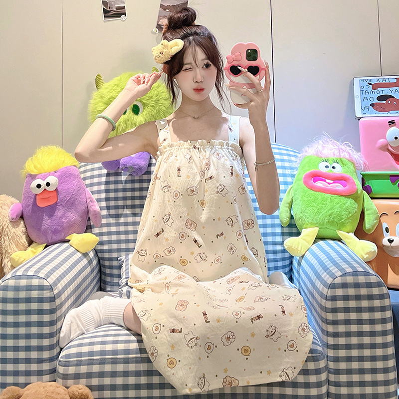 2025 nuevo pijama de hilo de algodón de nube camisón de verano para mujer linda niña dulce con cojín para el pecho servicio a domicilio