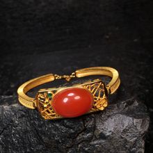 精品保山杨柳南红镶嵌手镯时尚高端大气漂亮无杂裂S925银镀金镶嵌