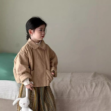 儿童双排扣夹棉外套2025秋冬新款韩版男女童宽松加棉短款棉衣外套