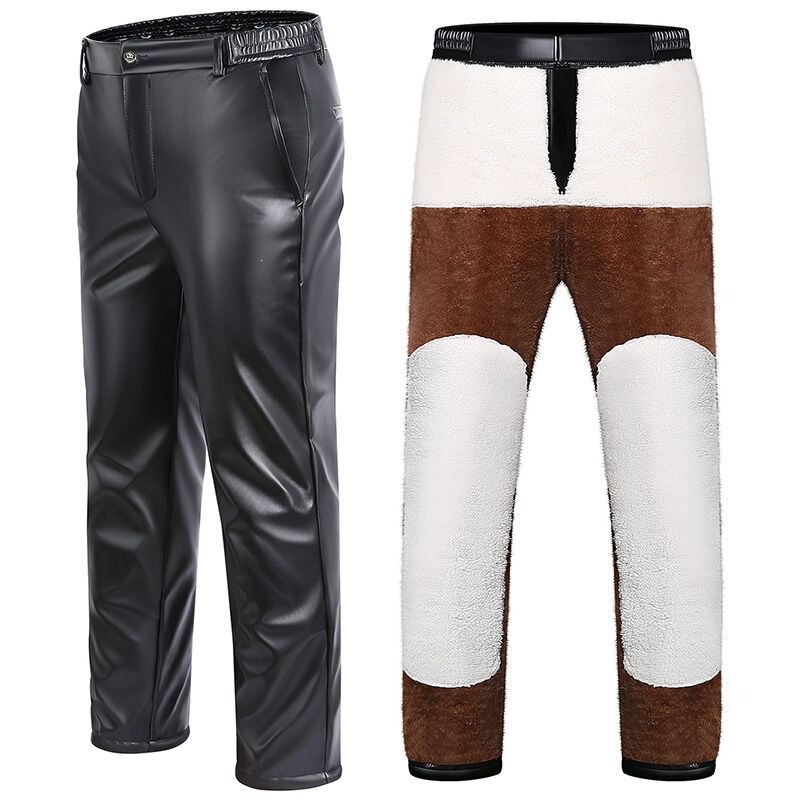 Men's winter durable leather pants, fleece-lined and thickened for warmth, suitable for cycling and motorcycle riding, windproof, waterproof, with elastic waistband, designed for outdoor wear, available in plus sizes Men's winter durable leather pants, fleece-lined and thickened for warmth, suitable for cycling and motorcycle riding, windproof, waterproof, with elastic waistband, designed for outdoor wear, available in plus sizes