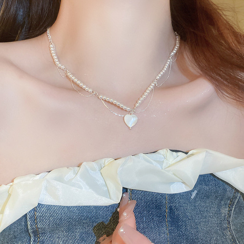 Diamond-encrusted pearl multi-layered necklace French retro oval pendant palace fashion versatile clavicle chain necklace necklace for women