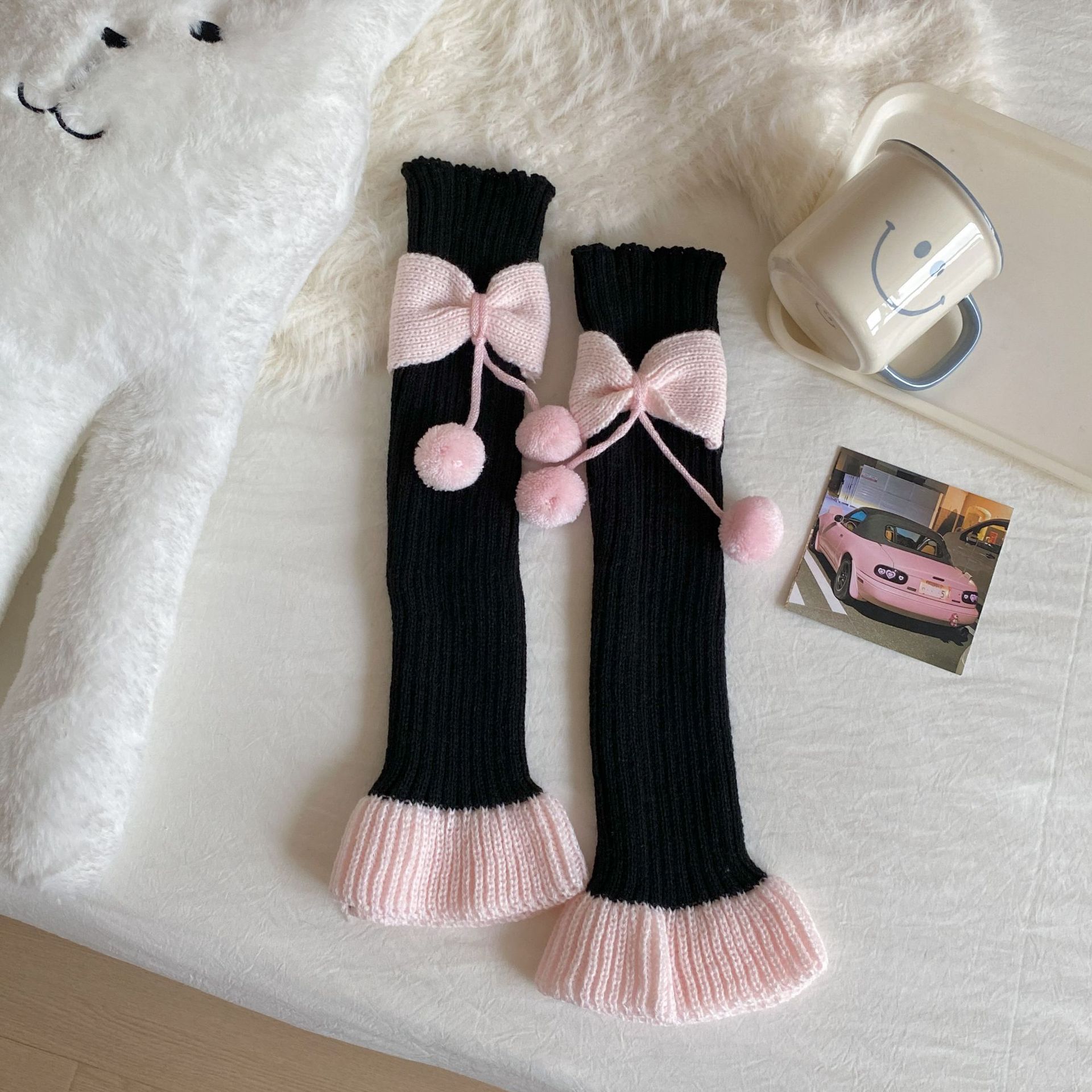 Apparel Accessories Women's Knitted Leg Warmers With Bow & Pompom - Soft Acrylic, High-Cut, Breathable, Non-Slip, Stylish For Winter & Fall_voghion.com