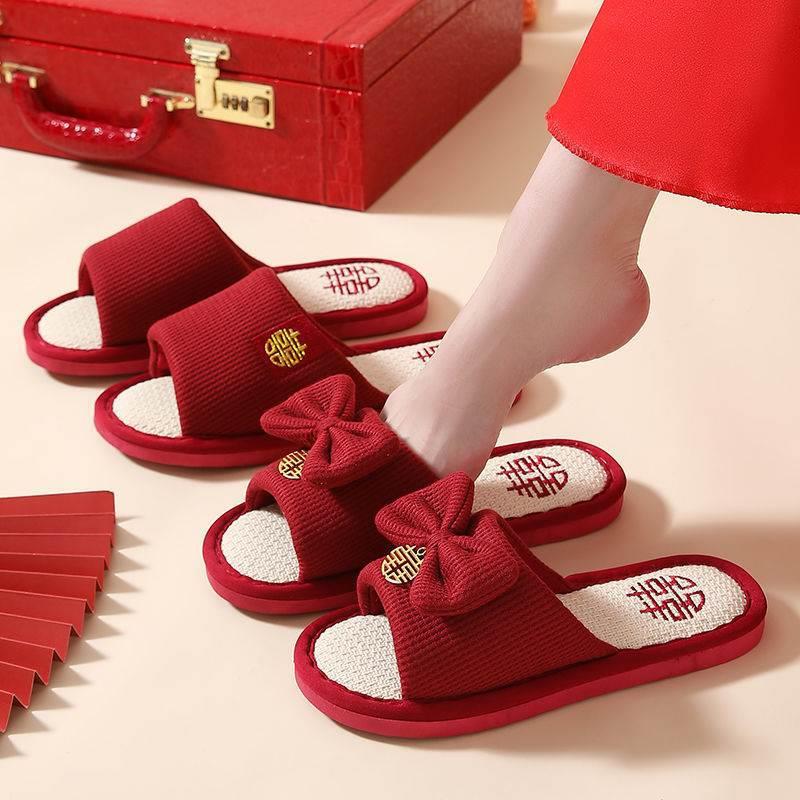 Wedding Slippers Newlywed Couple Linen Bride and Groom Accompanying Festive Red Pair Summer Light Luxury High-end Sense Wedding Slippers Newlywed Couple Linen Bride and Groom Accompanying Festive Red Pair Summer Light Luxury High-end Sense