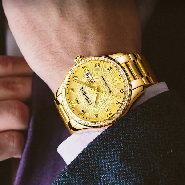 男士手表双日历时尚石英表创意商务腕表土豪金镶钻钻石跨境热销