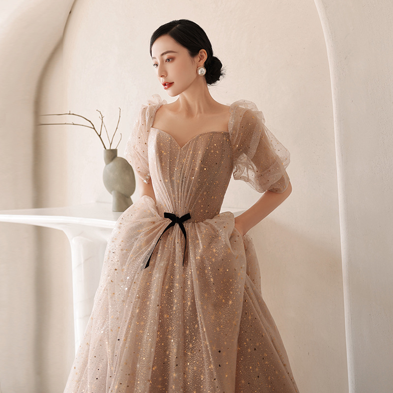 Vestido de noche con mangas abullonadas, novedad de verano 2026, para banquete, estilo hada, cielo estrellado, adelgazante, para cumpleaños, anfitriona, vestido de gala