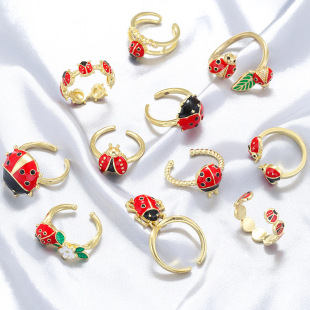 Creative cute colorful oil dropping seven-star ladybug ring for women niche personality insect opening ring VJ783-804