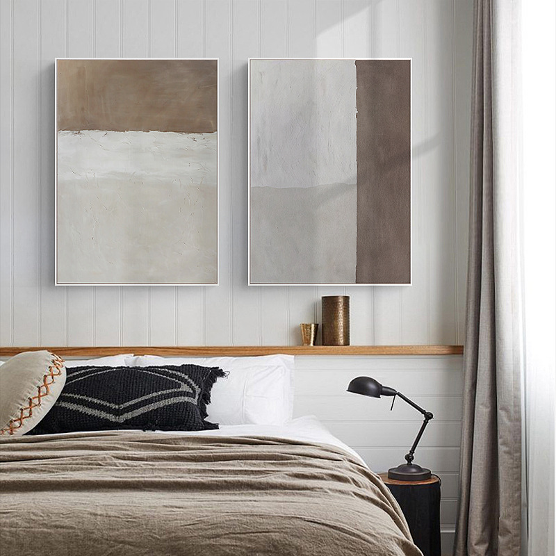 沈白日本式の寂しい赤貧乏風の装飾画の客間のソファーの背景の壁画の双連の抽象的な色の塊のベージュ色の掛け画