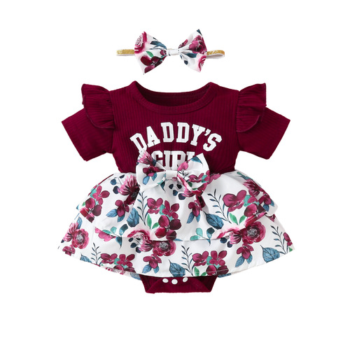 2024 Baby Short Sleeve Letter Triangle Skirt Amazon Girls' Puddle Stripe Double Layer Dress Diaper Cover Headband Summer