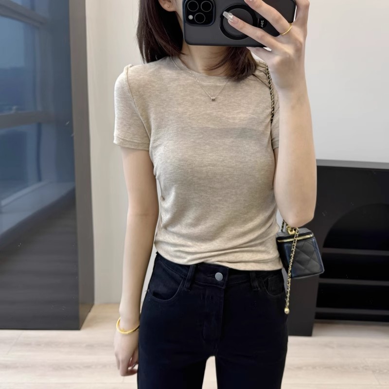 텐셀 울 티셔츠 불규칙한 주름 허리 둥근 목 짧은 소매 여성의 단색 캐주얼 바닥 상단 봄과 여름 2024