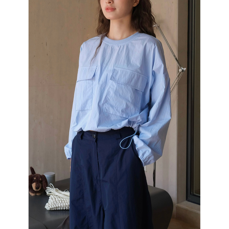 Lou Fu Autumn New Korean Style Nylon Pocket Sweater Round Neck Loose Hem Drawstring Breathable Casual Top for Women