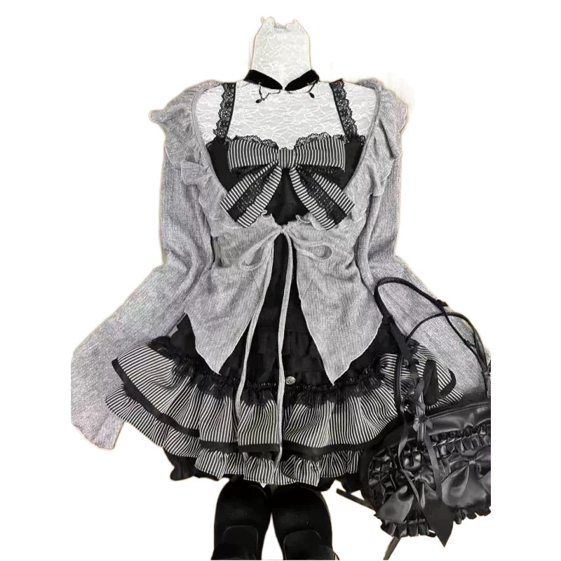 Банду lace cardigan & puff skirt 3-piece set (NUNBAI) — Black, lifting shaping, sizes S–XL