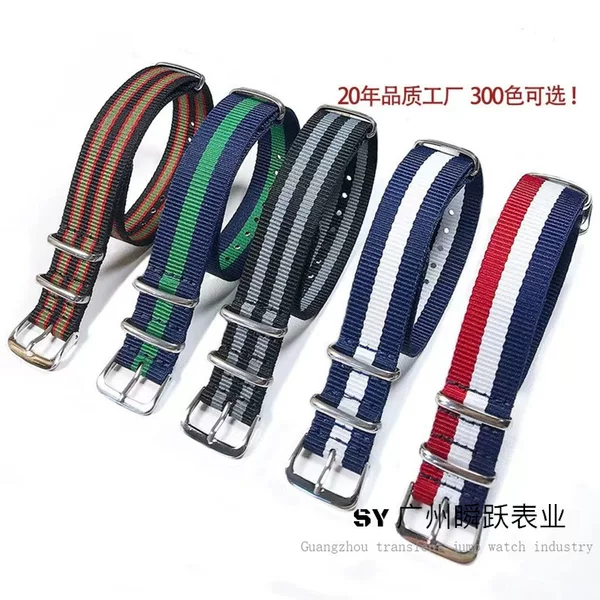 Factory direct fashion striped three-ring nylon watch with stainless steel metal buckle 18/20/22mm