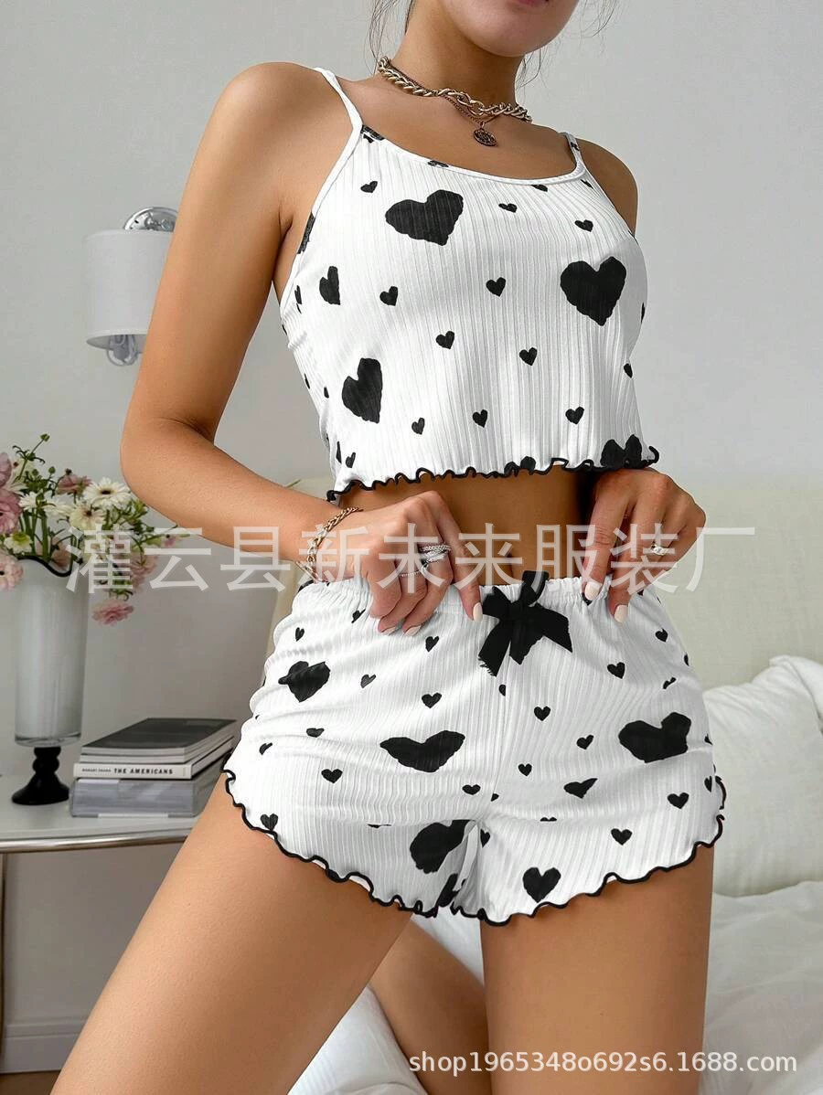 knitted summer shorts pajama set (women), ribbed, heart print, lifting effect, S–XL