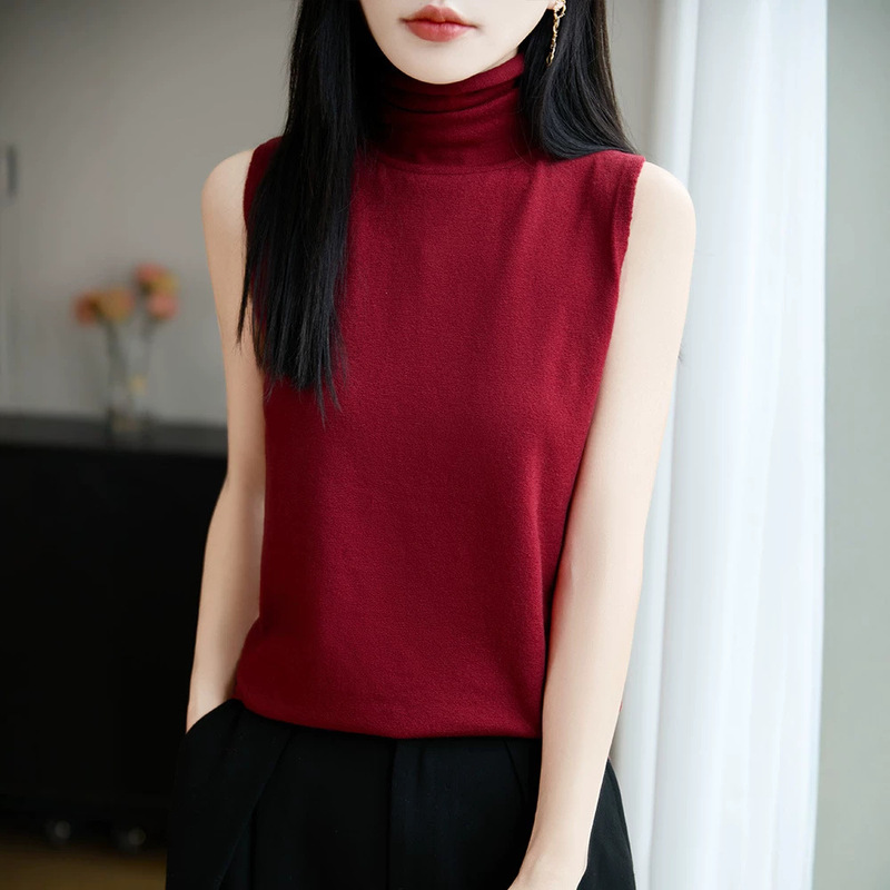 Cross-border wholesale of new spring and autumn high-neck women's sleeveless plus-size knit vest, slimming top with stacked collar