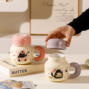 Ins Cartoon Vintage Cute Girl's Home Mug with Lid Office Ceramic Coffee Milk Cup Accompanying Gift