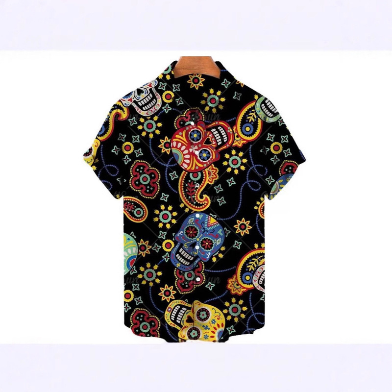 2025 New 3D Printed Export European and American Cross-Border Popular Skull Pattern Hawaiian Beach Vacation Men's Shirt