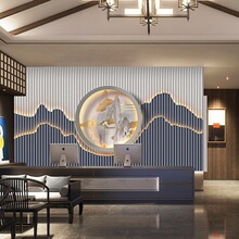 新中式山水壁纸批发3D假山图古筝教室茶室茶道直播背景布厂家直供