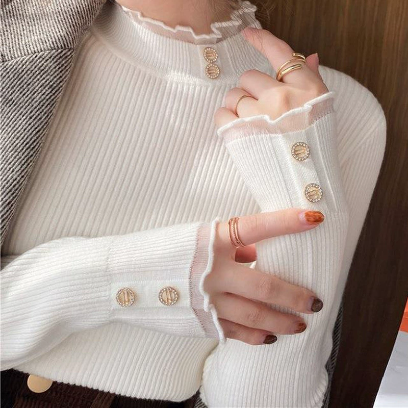 Женская рубашка с полугольфом, осень-зима 2025, новый облегающий внутренний вязаный топ, универсальный популярный свитер с кружевными краями