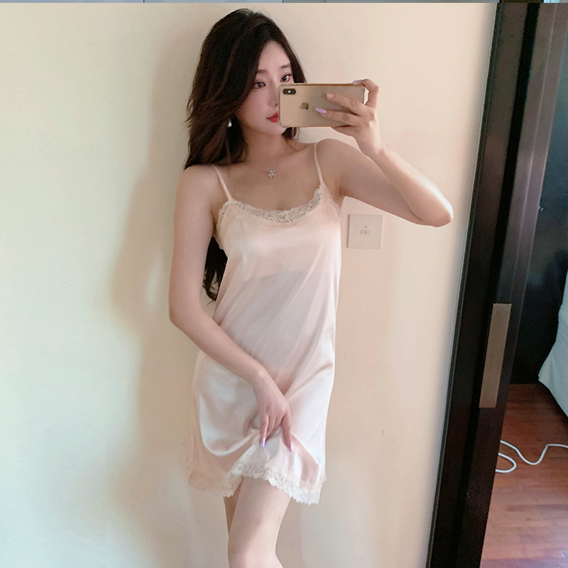 Venta al por mayor verano suspender camisón de las mujeres de alta densidad stretch Satén de seda pijamas de encaje sexy delgada en línea LIVE Home wear