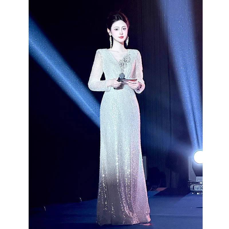 Silver Banquet Evening Dress 2026 New Summer Long-Sleeve Sequin Hostess Dress High-End Elegant Student Art Exam