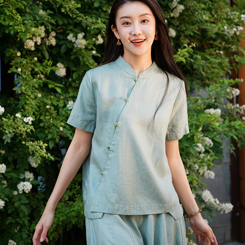 Summer New Chinese Style Short-Sleeved Trousers Suit for Women Tencel Linen New Chinese Style Disc Button Two-Piece Set with Ancient Style Slanted Placket