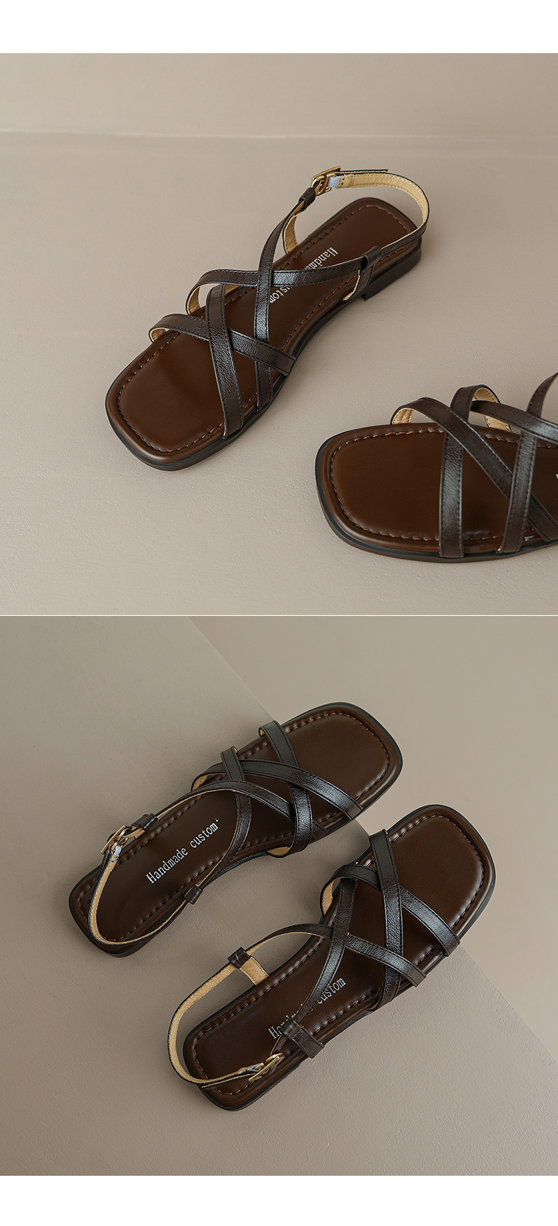 Dép sandal nữ xỏ ngón đế bệt da bò dệt hở mũi phong cách La Mã — Màu nâu chi tiết 9