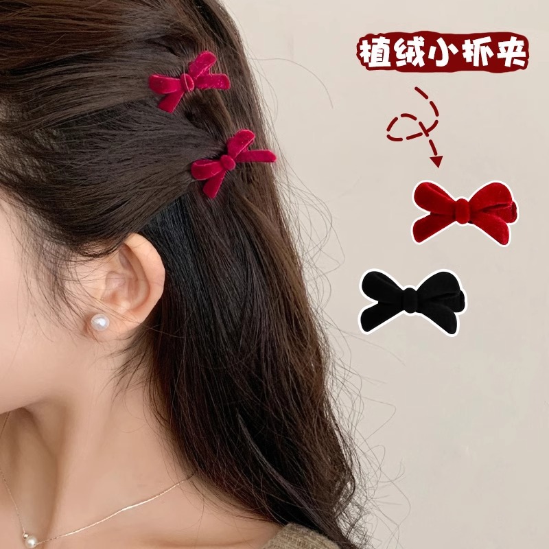 Rojo flocado lazo pequeño clip de agarre para mujer Año Nuevo Cabeza de princesa clip lateral flequillo clip de cabello roto tocado horquilla