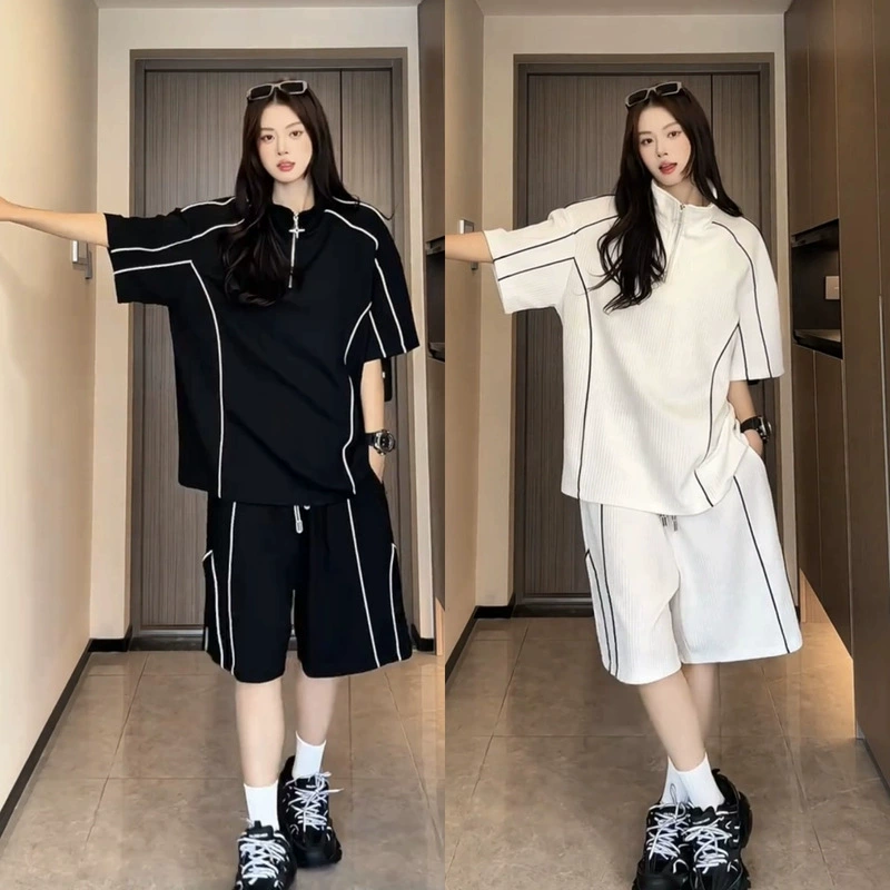 Новый летний повседневный костюм в полоску с ледяной текстурой для пар, универсальный свободный спортивный комплект из двух предметов для похудения