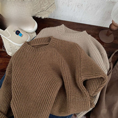 2023秋冬新款兒童厚實套頭毛衣韓版男女童洋氣寬鬆純色長袖外套