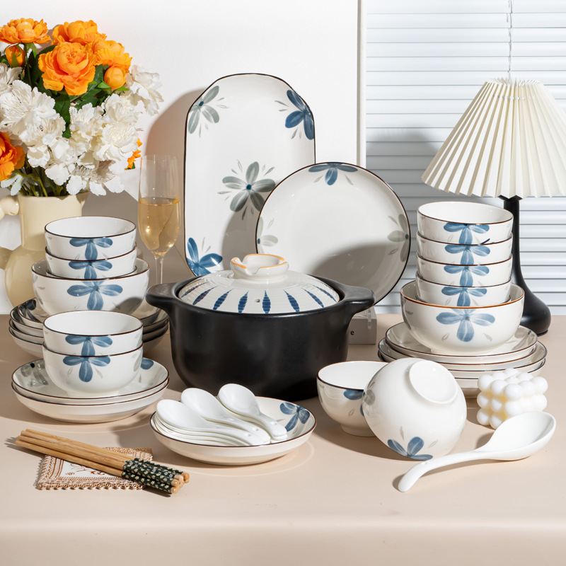 Moran flower bowls and dishes suit Japanese-style underglaze color ceramic tableware rice bowl plate noodle bowl household gifts wholesale housewarming