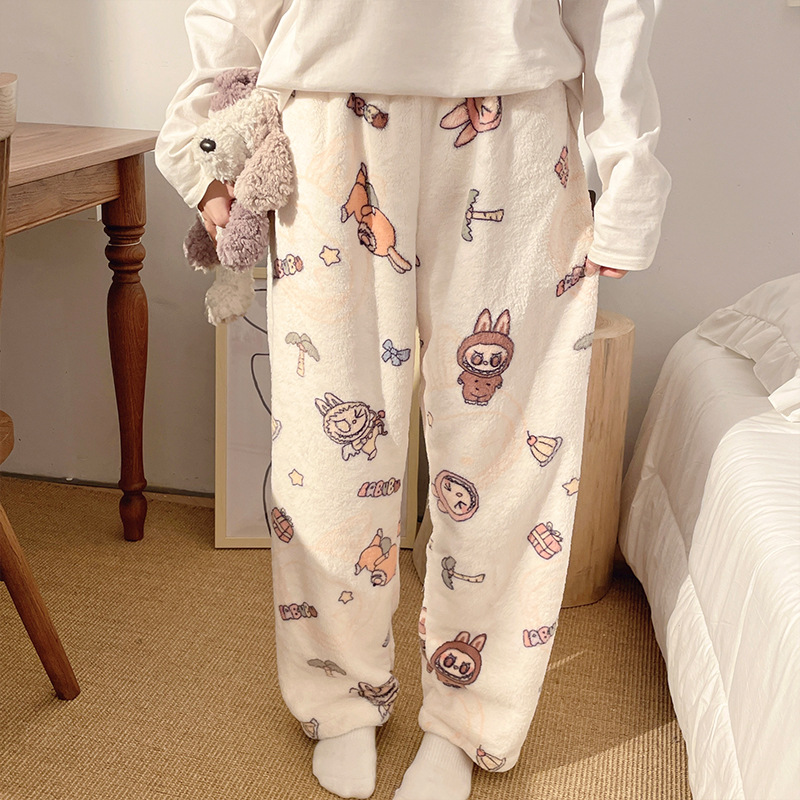 Pantalones de pijama de franela de dibujos animados de otoño y invierno para mujeres con pantalones de lana de coral caliente para estudiantes de lana de invierno para el hogar