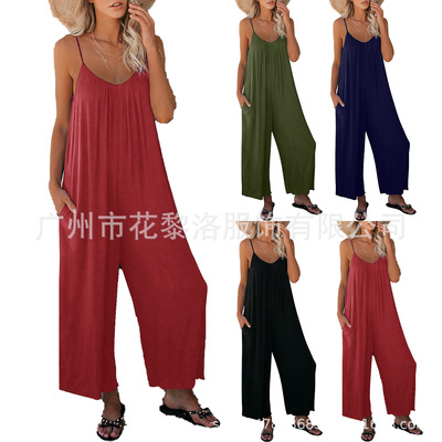 亚马逊ebay欧美吊带连体裤女2021夏季跨境外贸纯色插袋休闲连体裤